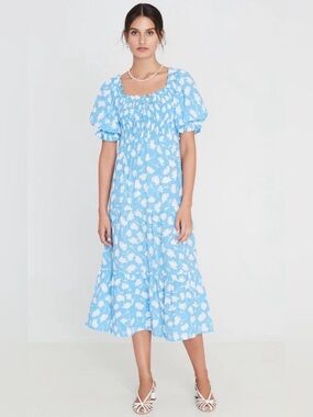 Faithfull The Brand Leyla Smocked Midi Dress Blue Floral Puff Sleeve Size S